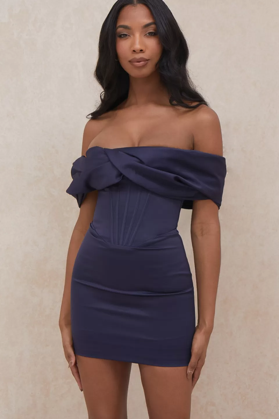 House of CB 'Nurul' Navy Satin Draped Strapless Dress Online