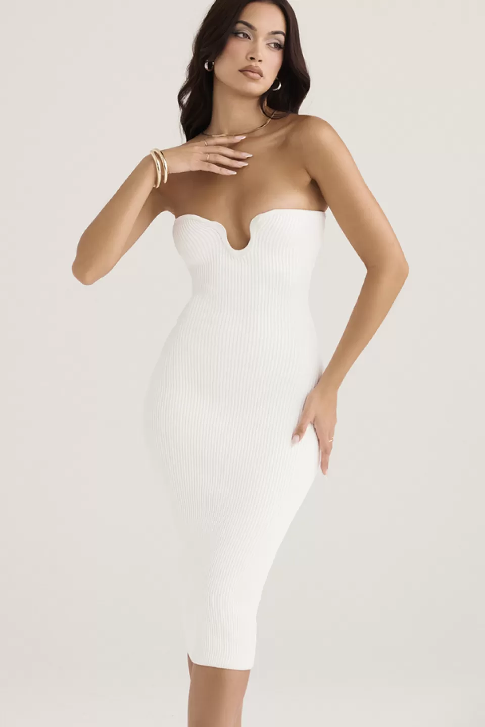 House of CB 'Oriana' White Ribbed Knit Strapless Midi Dress Cheap