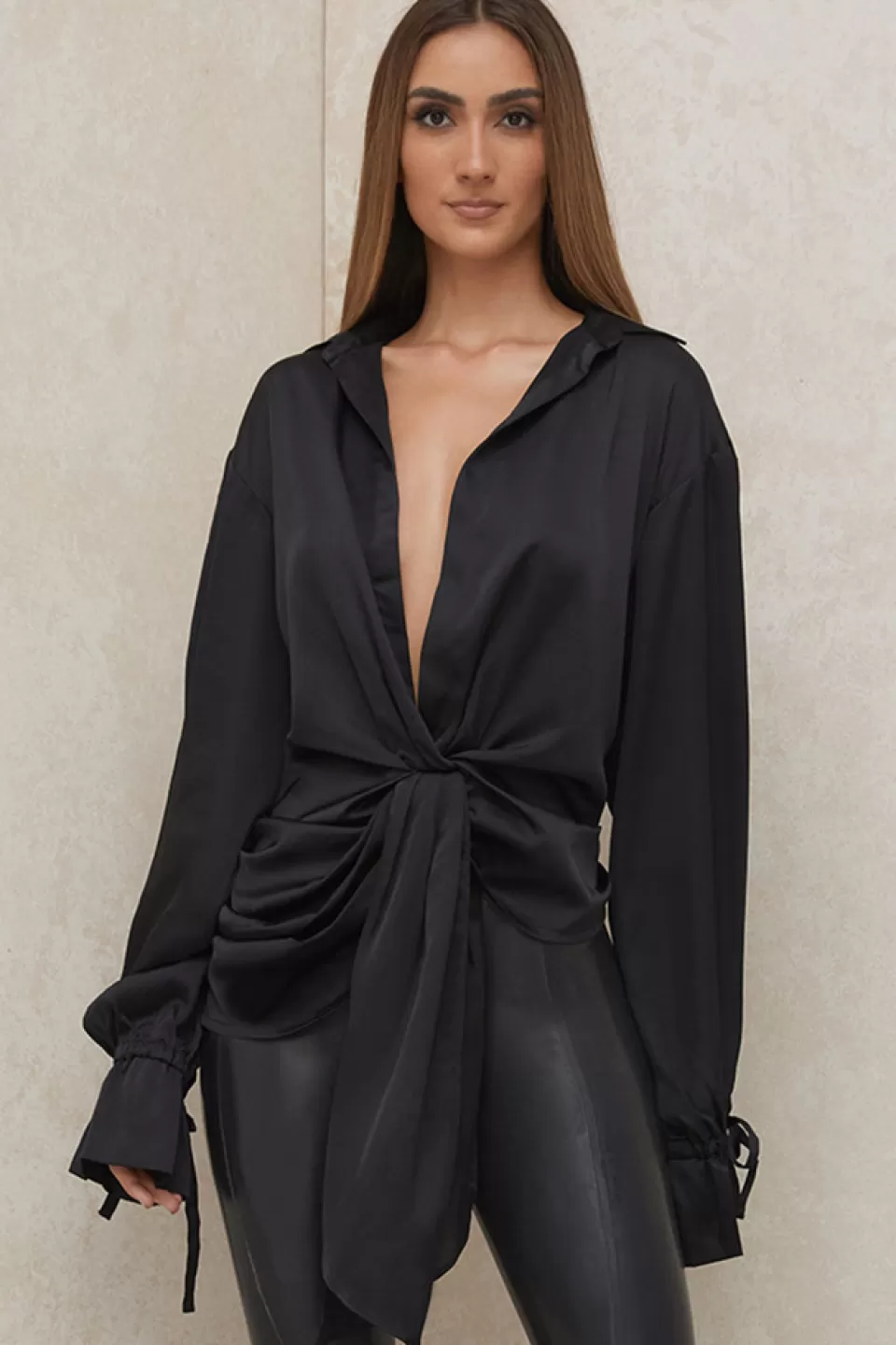 House of CB 'Payton' Black Satin Drape Shirt New