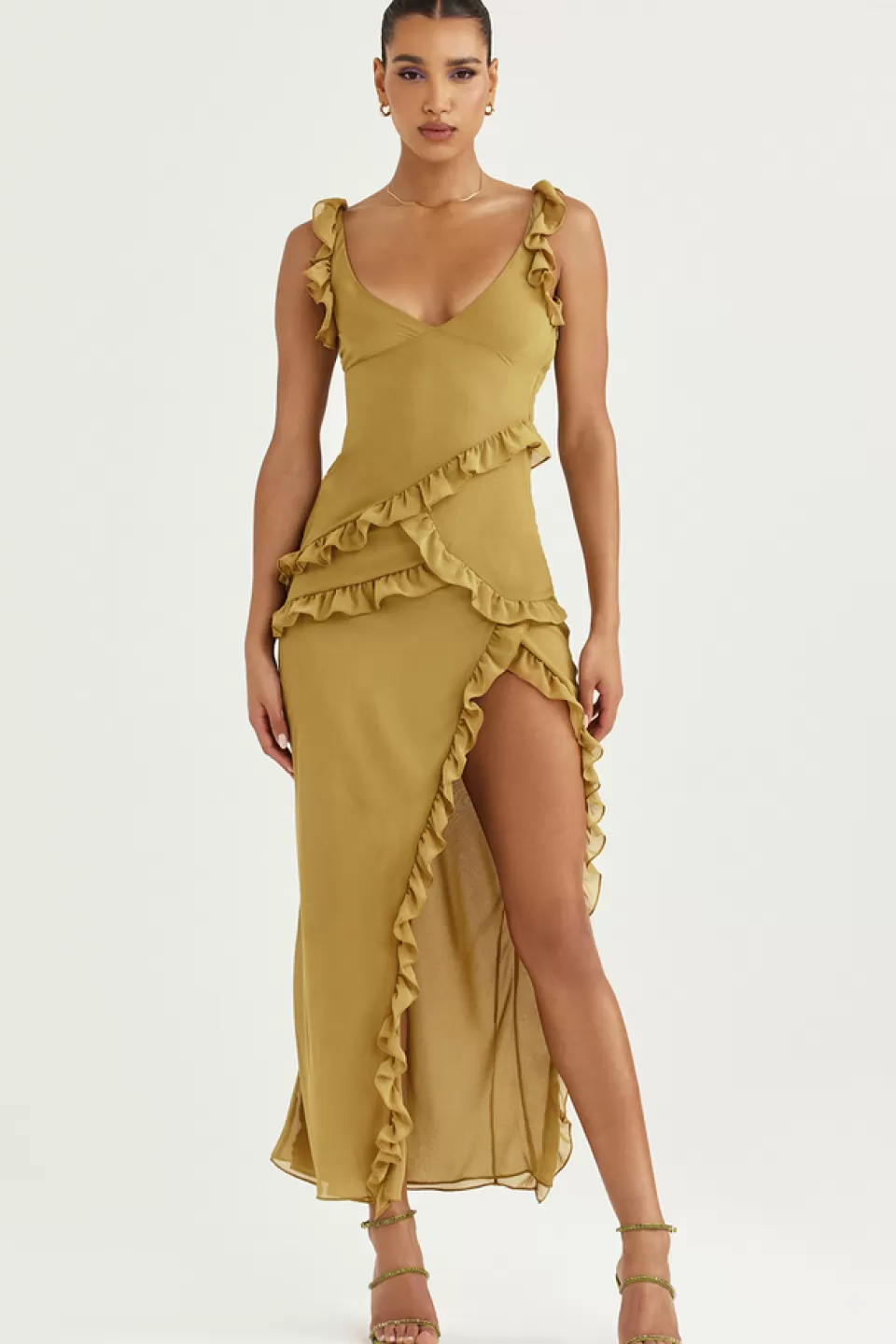 House of CB 'Pixie' Olive Ruffle Maxi Dress Store