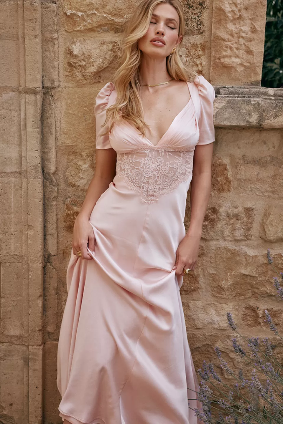 House of CB 'Rafaela' Soft Peach Pure Silk & Lace Dress Online