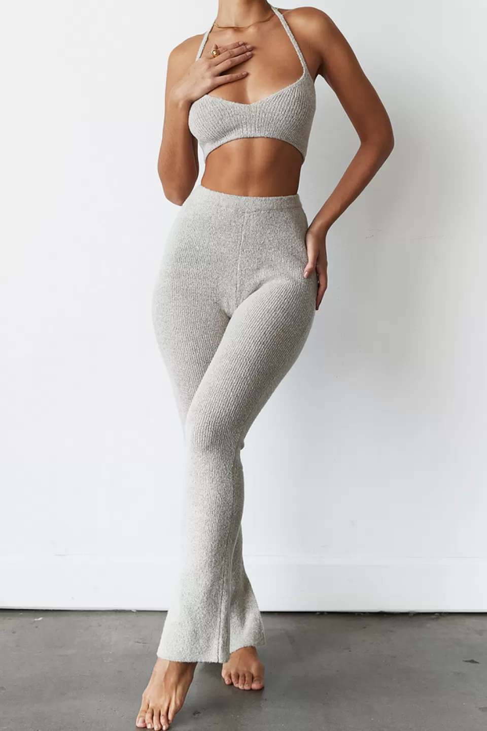 House of CB 'Raven' Oatmeal Ribbed Knit Flared Trousers Online