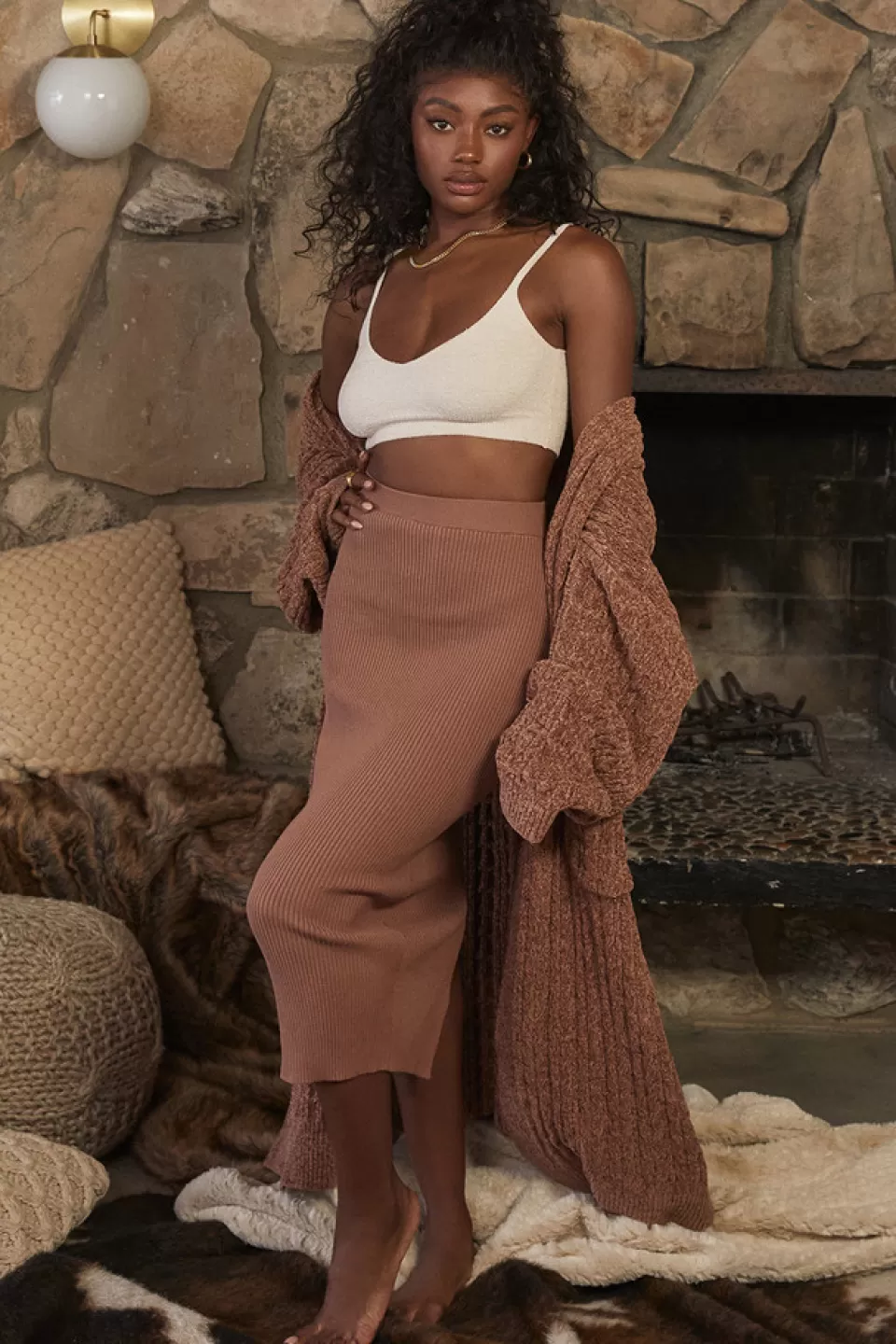 House of CB 'Riley' Toffee Ribbed Knit Midi Skirt Best Sale