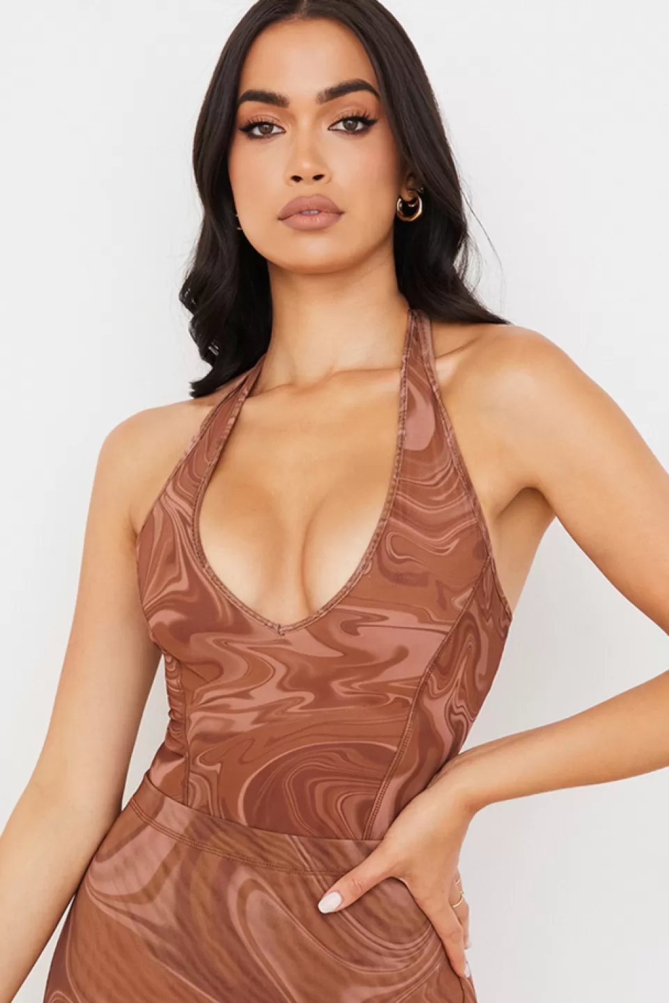 House of CB 'Sabine' Cocoa Swirl Print Halter Bodysuit Hot