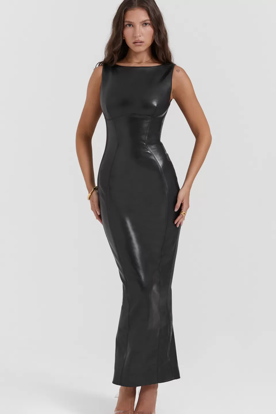 House of CB 'Sahara' Black Vegan Leather Maxi Dress Clearance