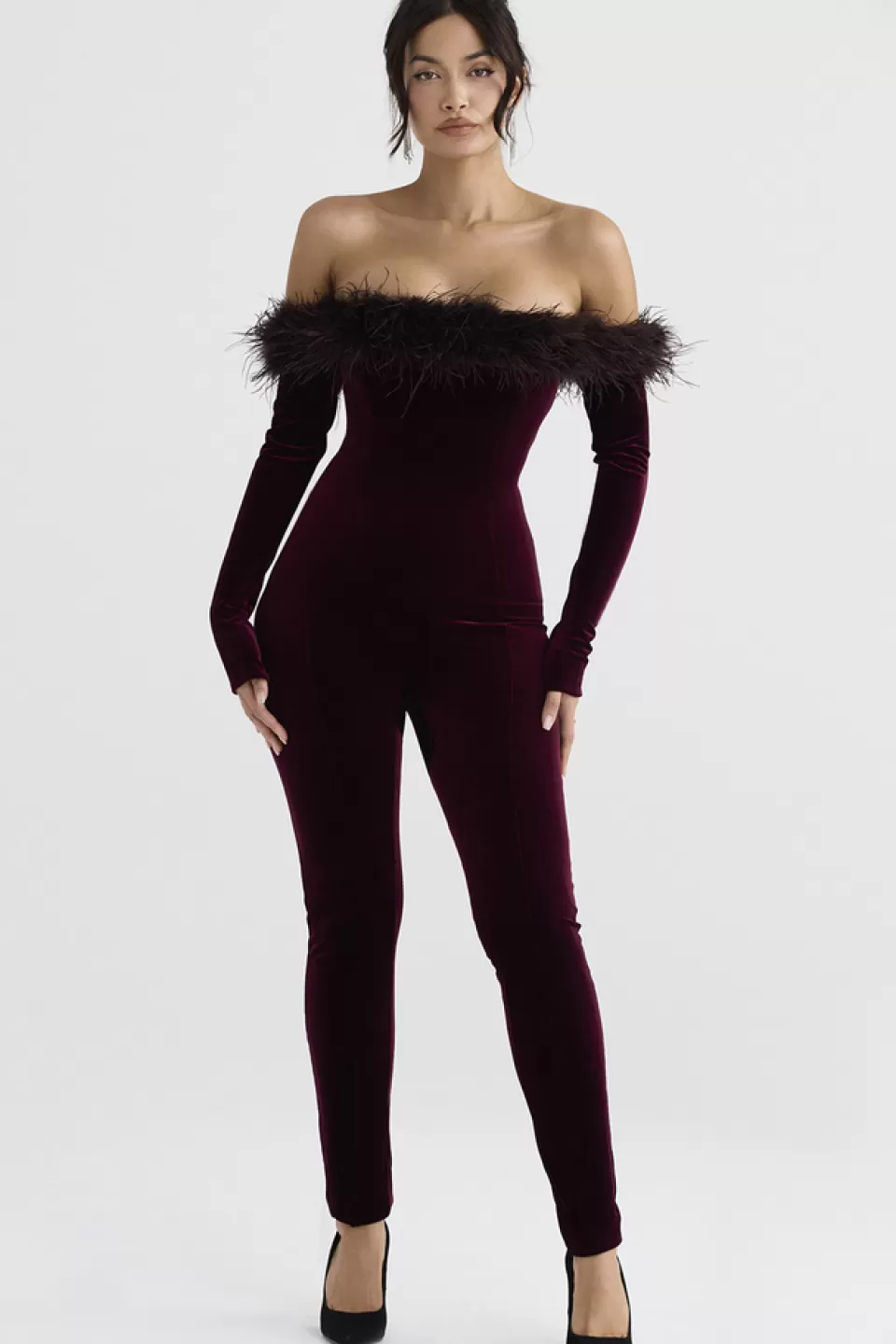 House of CB 'Salima' Black Cherry Velvet Jumpsuit Best Sale