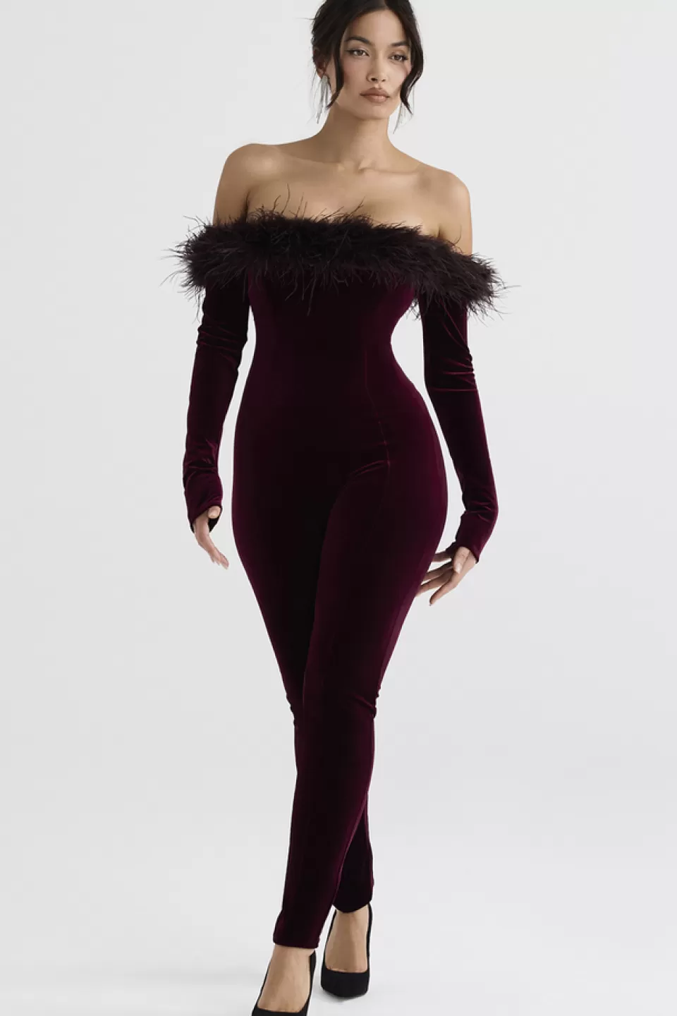 House of CB 'Salima' Black Cherry Velvet Jumpsuit Best Sale