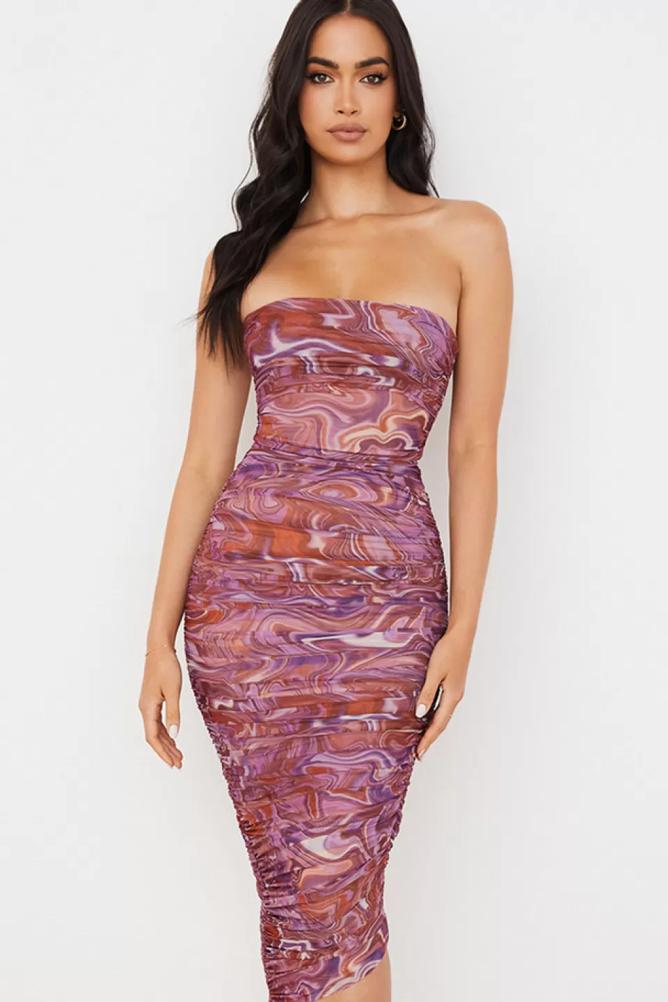 House of CB 'Sasha' Purple Swirl Strapless Ruched Midi Dress Sale