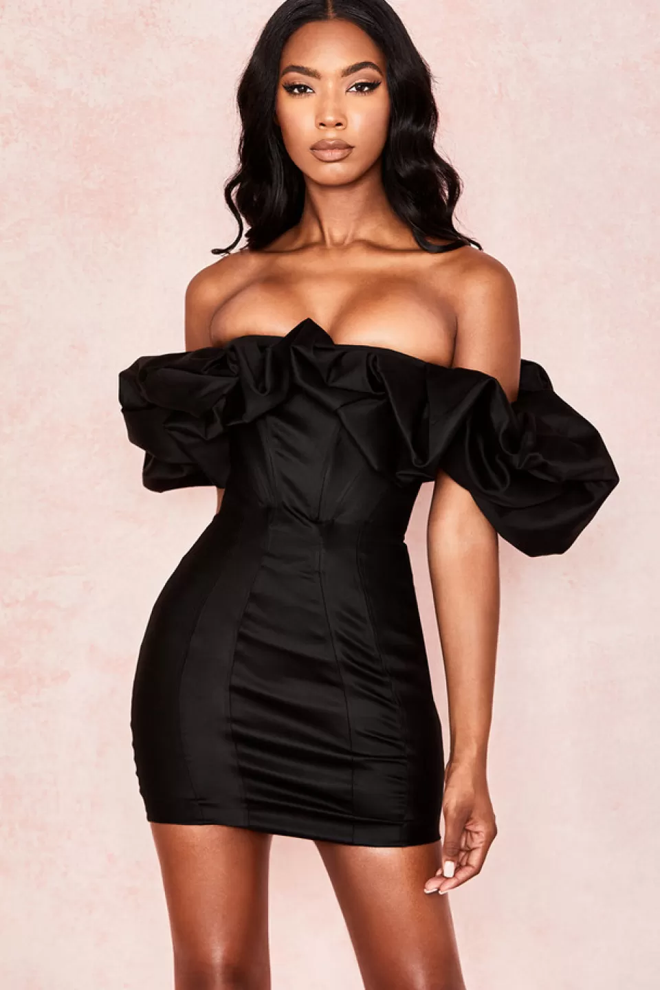 House of CB 'Selena' Black Satin Puff Shoulder Dress Sale