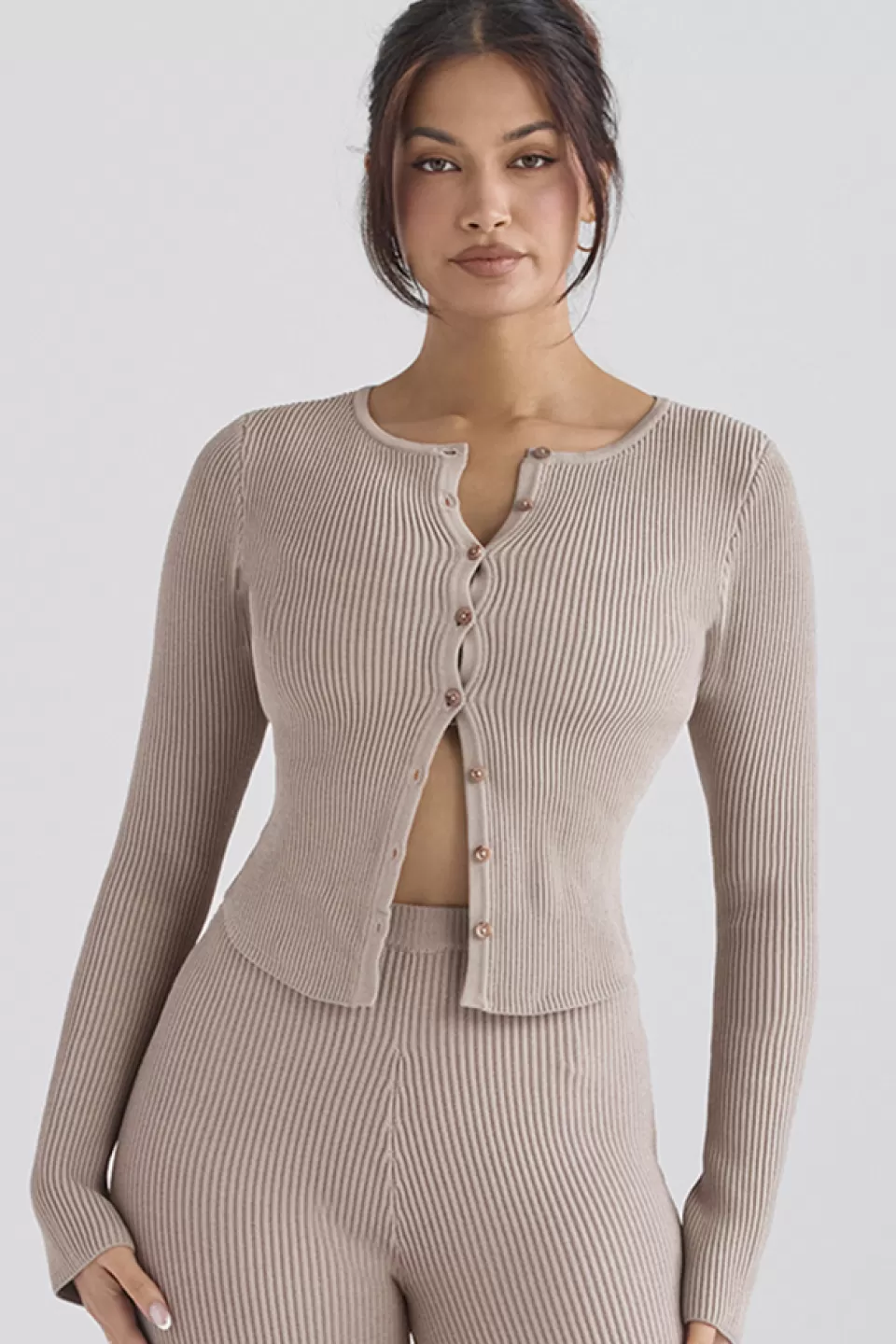 House of CB 'Sylvia' Taupe Ribbed Knit Cardigan Best Sale