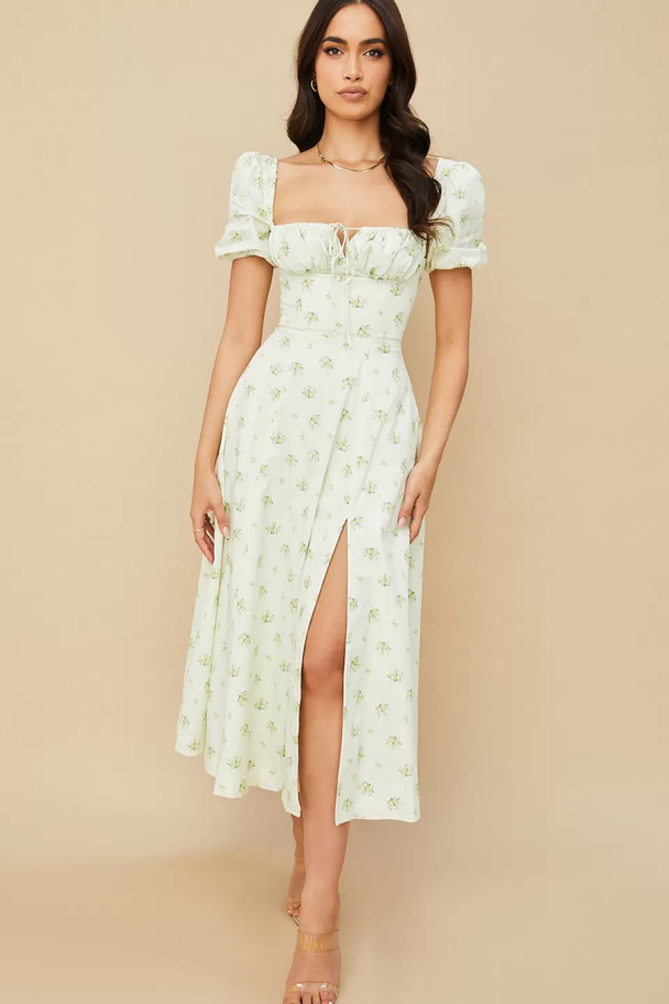 House of CB 'Tallulah' Ivory Floral Puff Sleeve Midi Dress Online