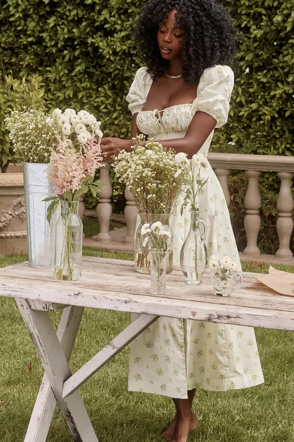 House of CB 'Tallulah' Ivory Floral Puff Sleeve Midi Dress Online