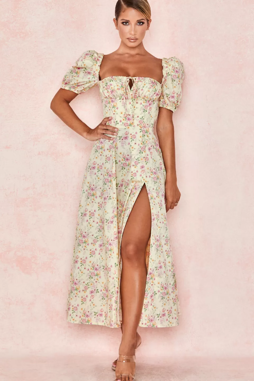 House of CB 'Tallulah' Lemon Floral Puff Sleeve Midi Sundress New