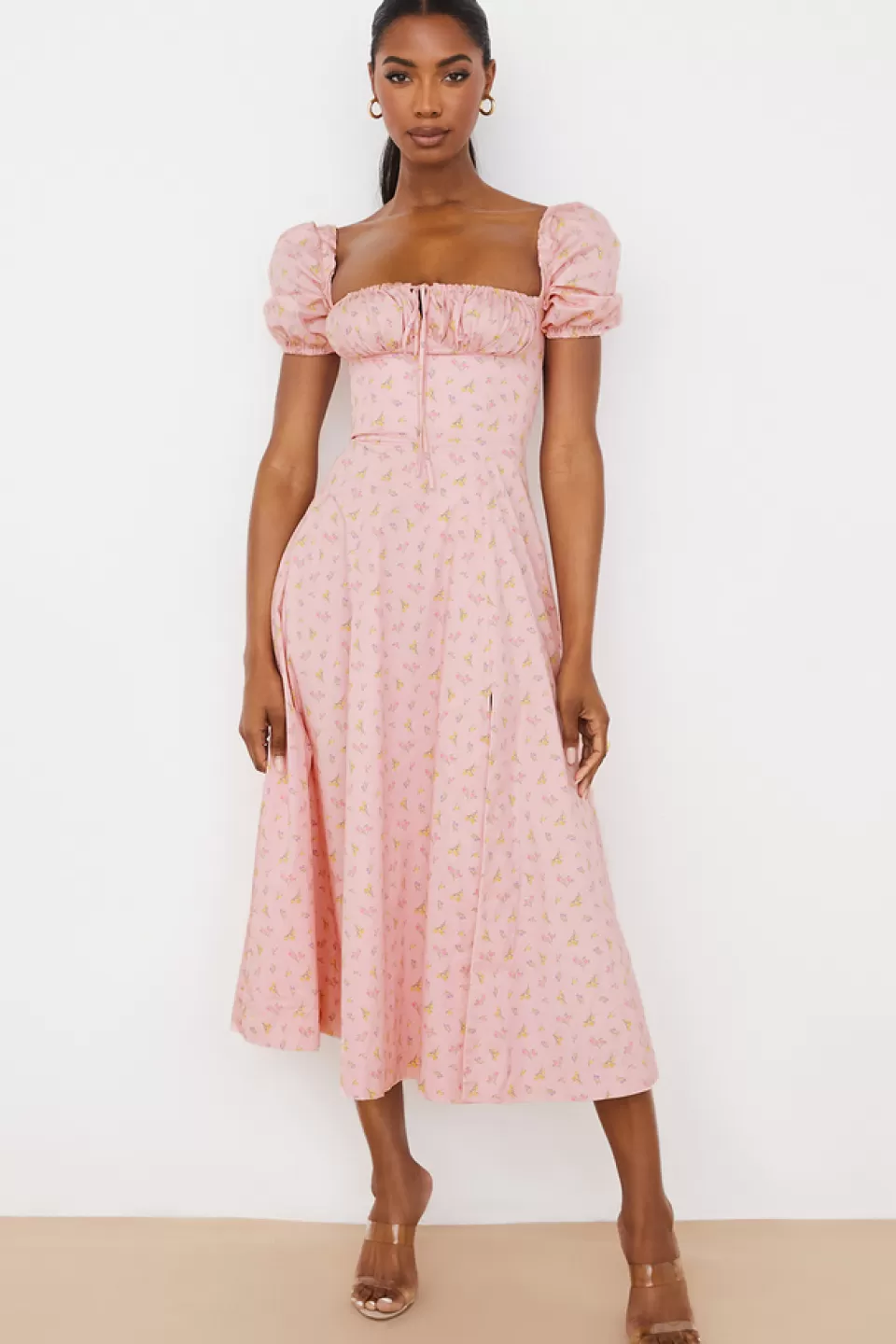 House of CB 'Tallulah' Pink Floral Puff Sleeve Midi Dress Discount