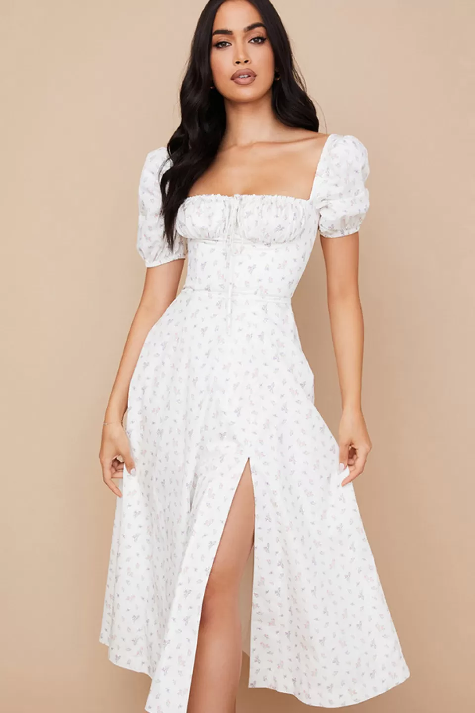 House of CB 'Tallulah' White Floral Puff Sleeve Midi Dress Best Sale