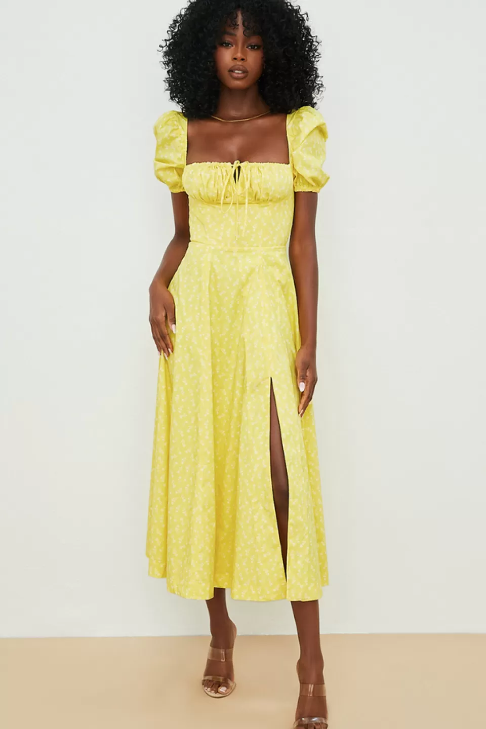 House of CB 'Tallulah' Yellow Floral Puff Sleeve Midi Dress Discount