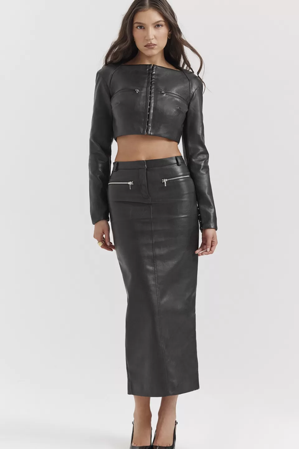 House of CB 'Tana' Black Vegan Leather Maxi Skirt Clearance