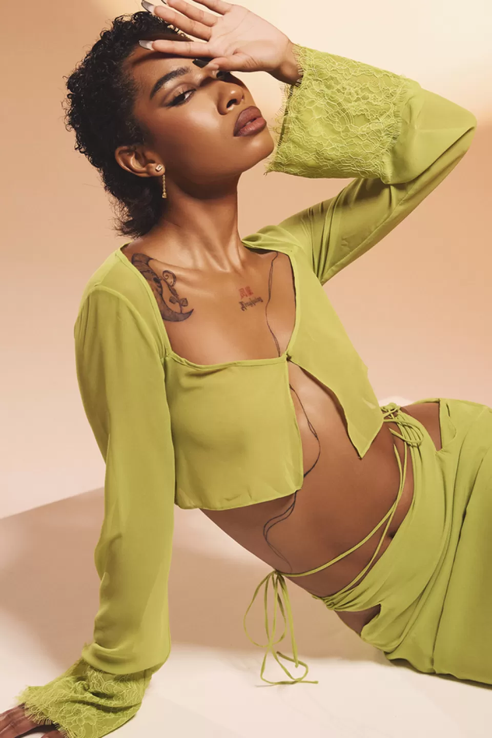 House of CB 'Tara' Lime Green Georgette Cropped Top Online