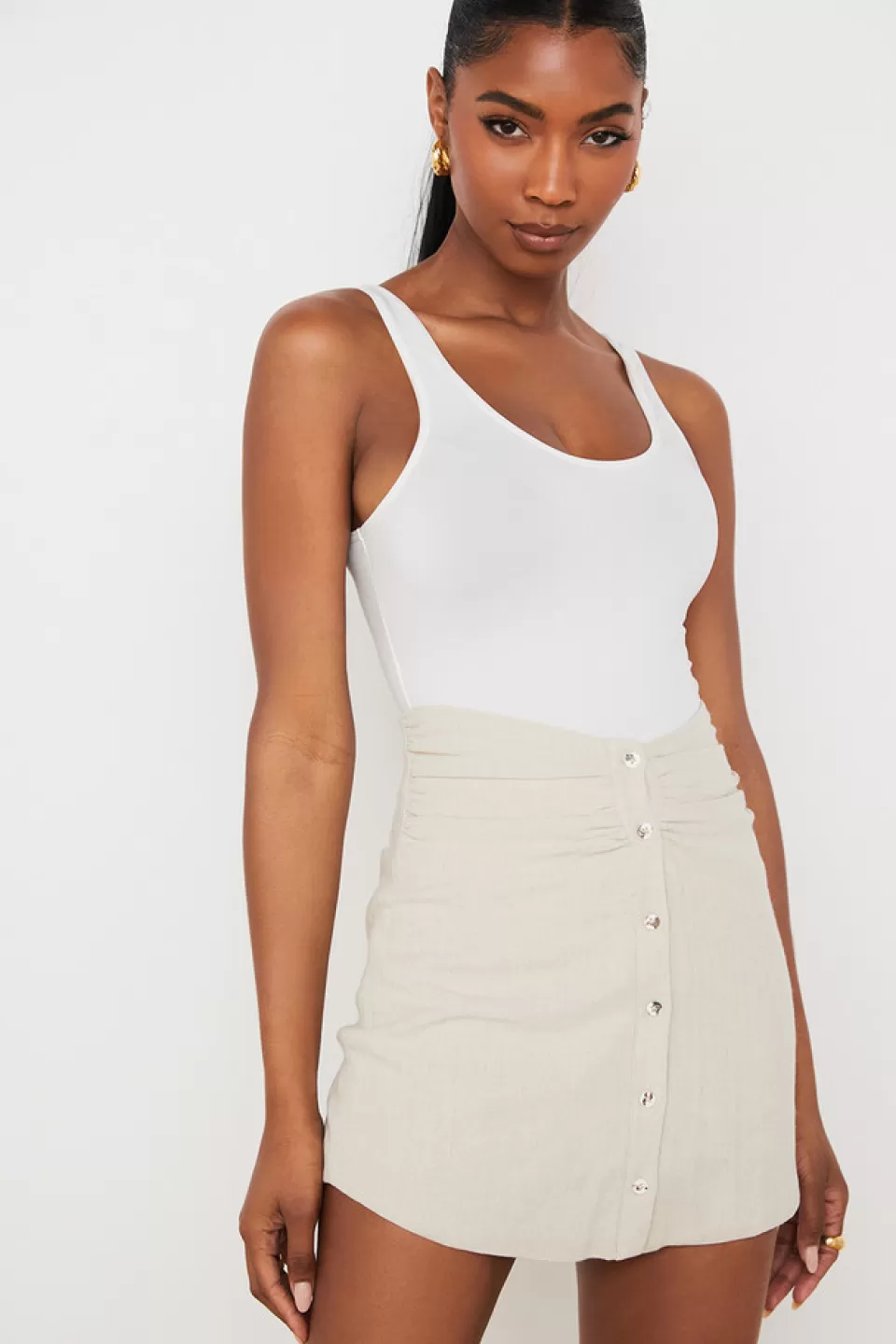 House of CB 'Tayo' Beige Linen Gathered Waist Mini Skirt Cheap