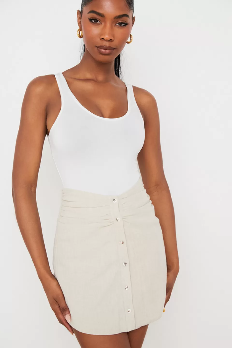 House of CB 'Tayo' Beige Linen Gathered Waist Mini Skirt Cheap