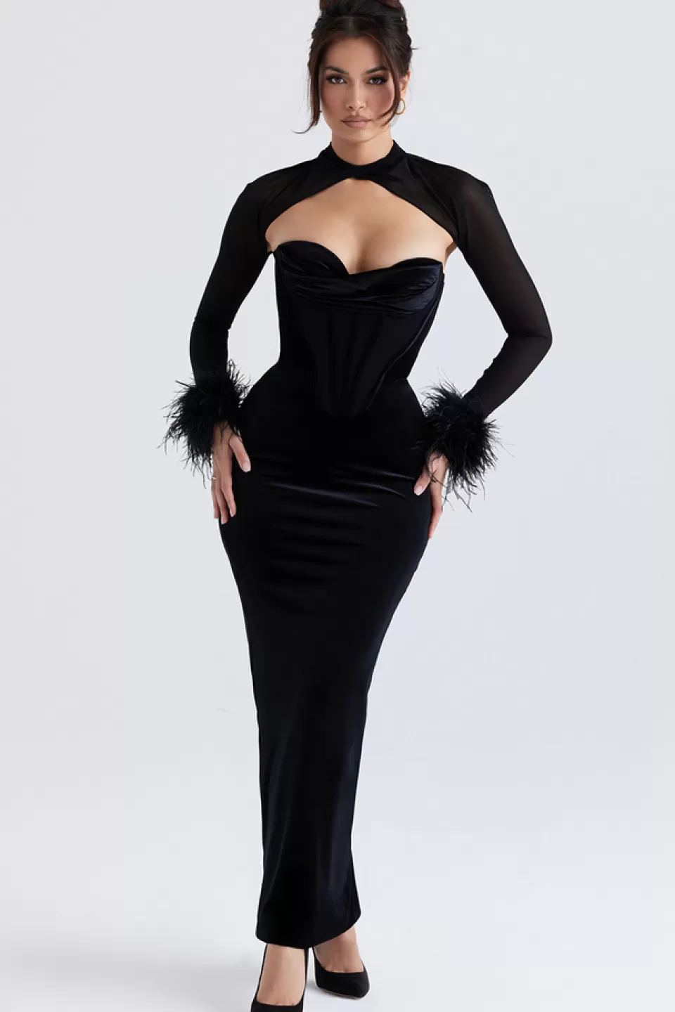 House of CB 'Thalia' Black Velvet Corset Maxi Dress Outlet