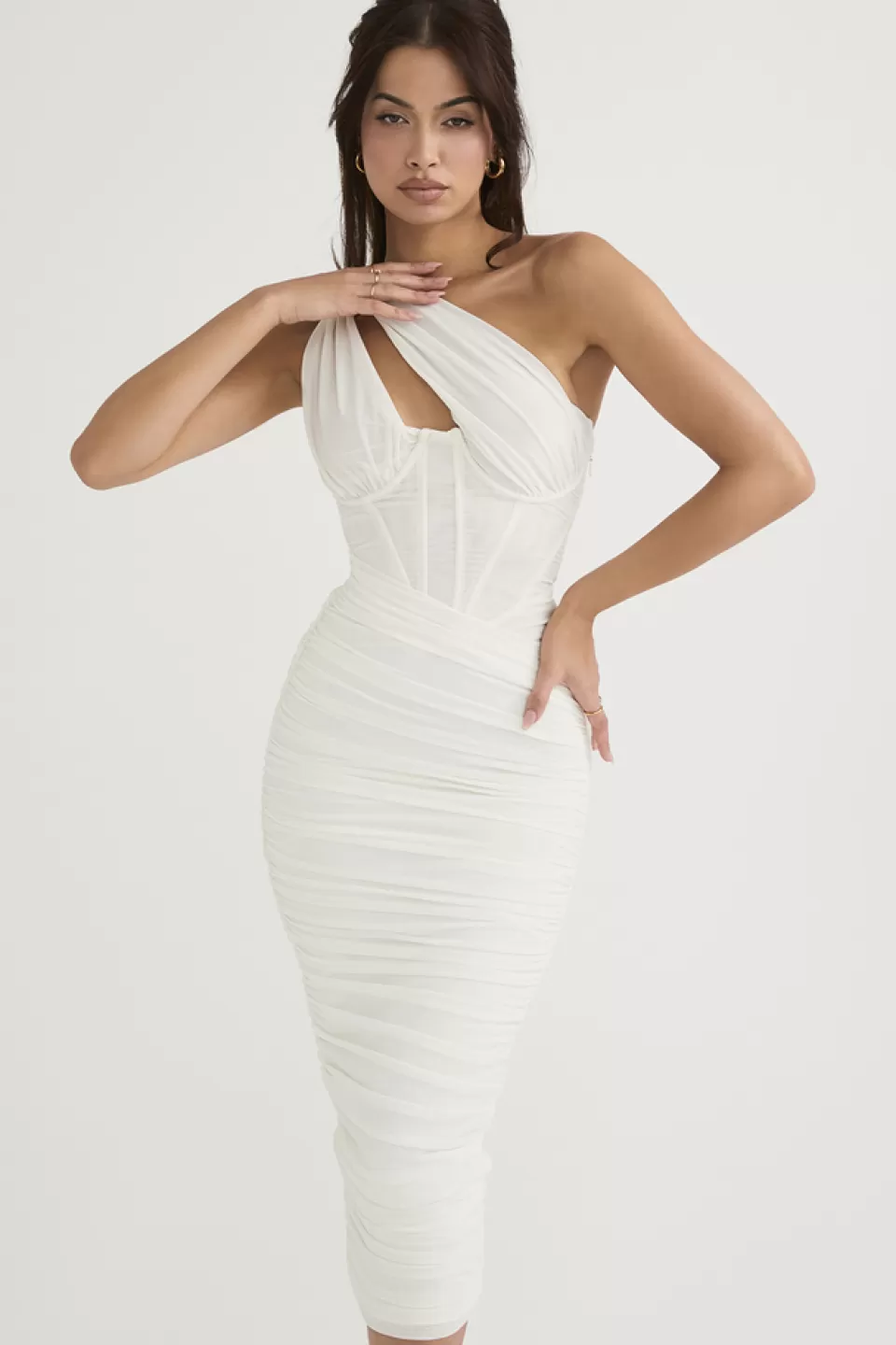 House of CB 'Valentina' Ivory Asymmetric Cutout Midi Dress Shop