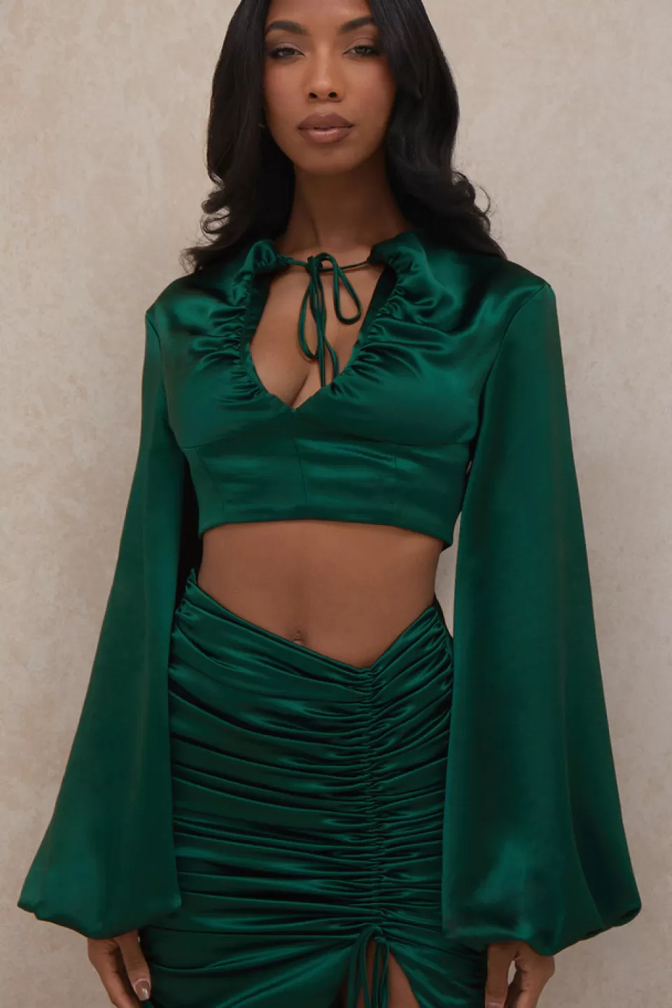 House of CB 'Vandra' Emerald Green Satin Balloon Sleeve Top Cheap