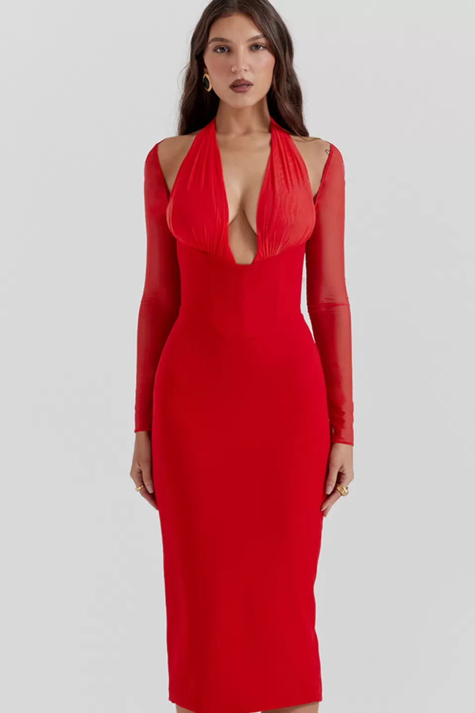 House of CB 'Yasmin' Scarlet Plunge Midi Dress Store